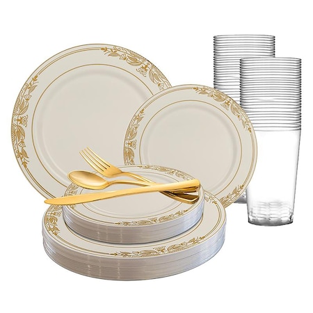 Smarty Had A Party Ivory with Gold Harmony Rim Plastic Wedding Value Set, 360PK 640GVS60